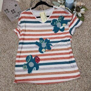 3577 Size XL/Large Upcycled Tee Shirt in Green and Grey Stripe.